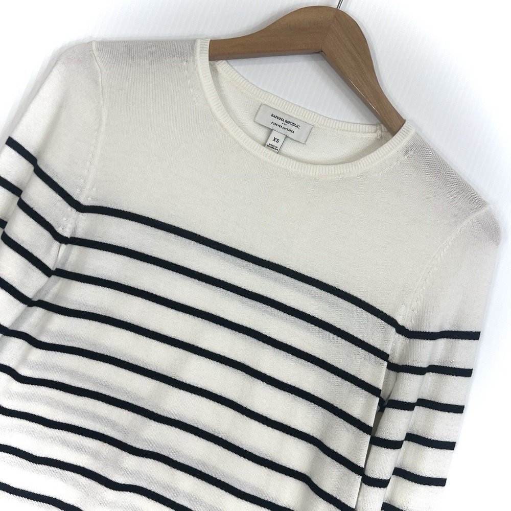 Banana Republic Forever Striped Sweater Womens Size XS White Black Cotton Crew - Picture 2 of 10
